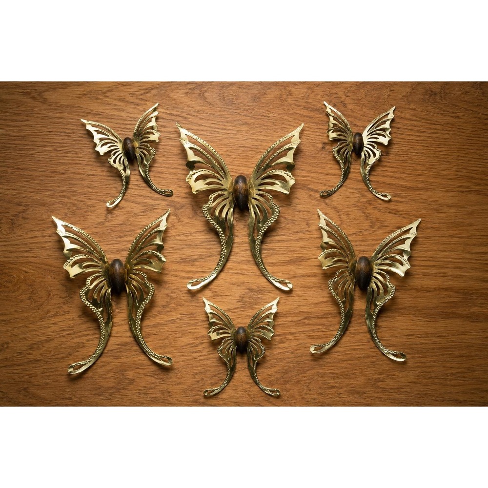 VTG Brass & Wood Butterfly Wall Art Set of 6 Mid Century Modern Butterfly Decor
